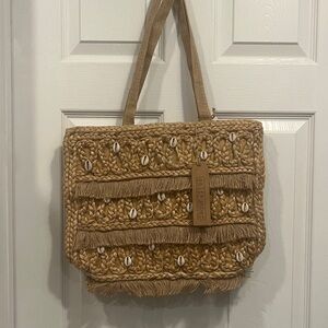 Salt&Umber handmade  Beige Woven canvas Tote Bag with accents of shells